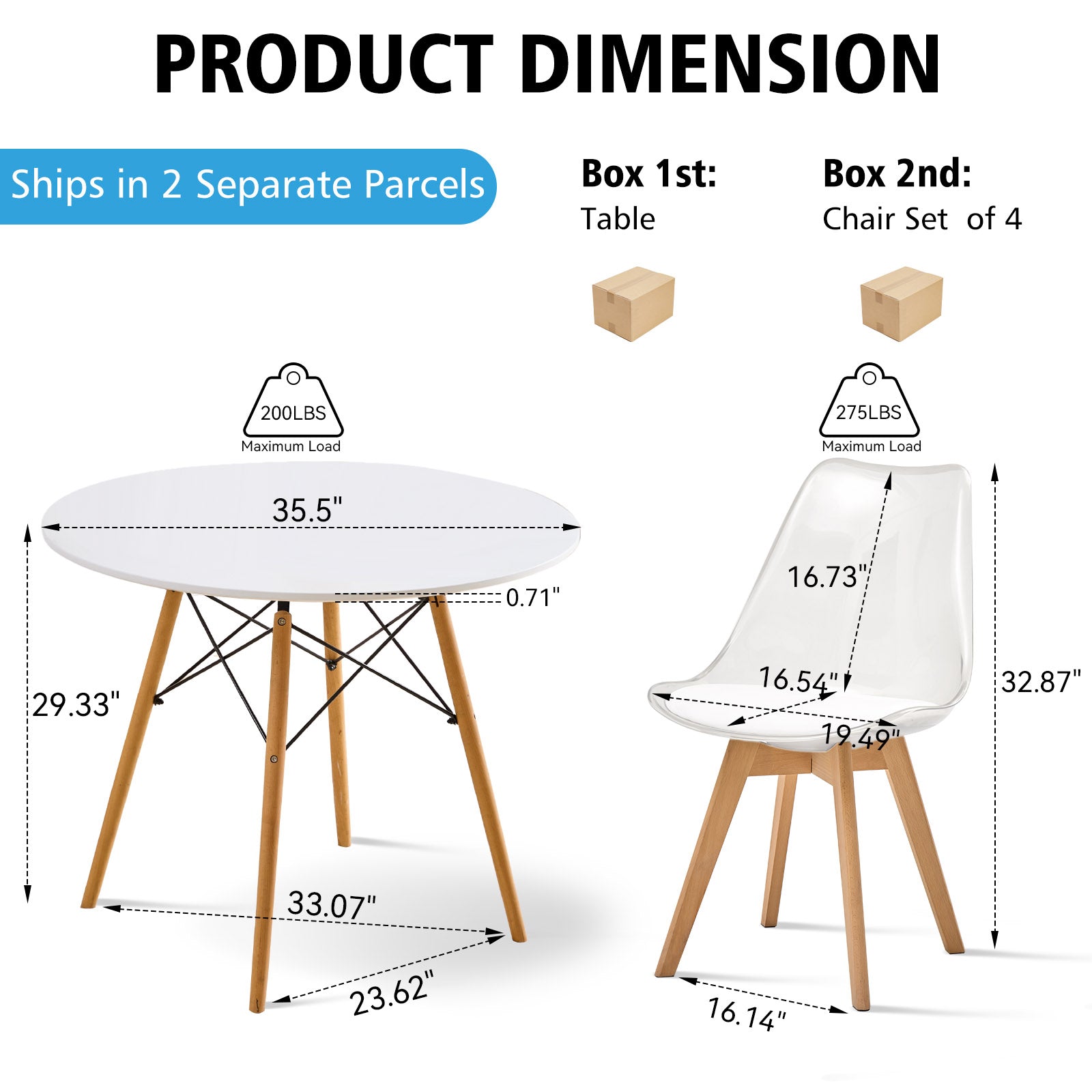 5 Piece Round Dining Table Set for 4, 35.5" Kitchen Table with 4 Clear Acrylic Chairs for Restaurant Bedroom Living Room, Space Saving White Table Chair Set of 4