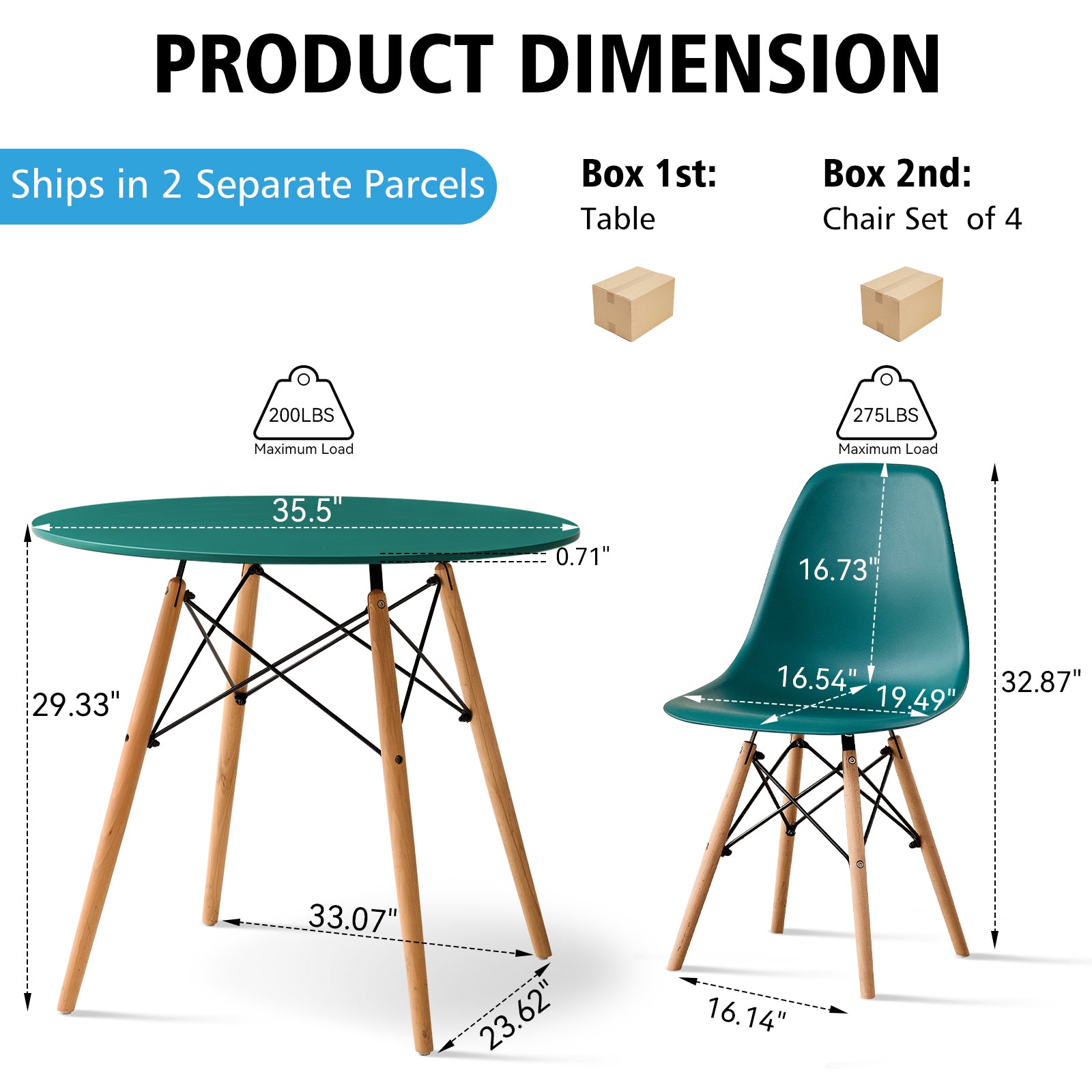 5 Piece 35.5'' Round Dining Table Set for 4, Mid-Century Modern Table W/ 4 Chairs for Kitchen, Home, Living Room, Apartment, Wood Legs, Metal Frame, Plastic Seats, Green
