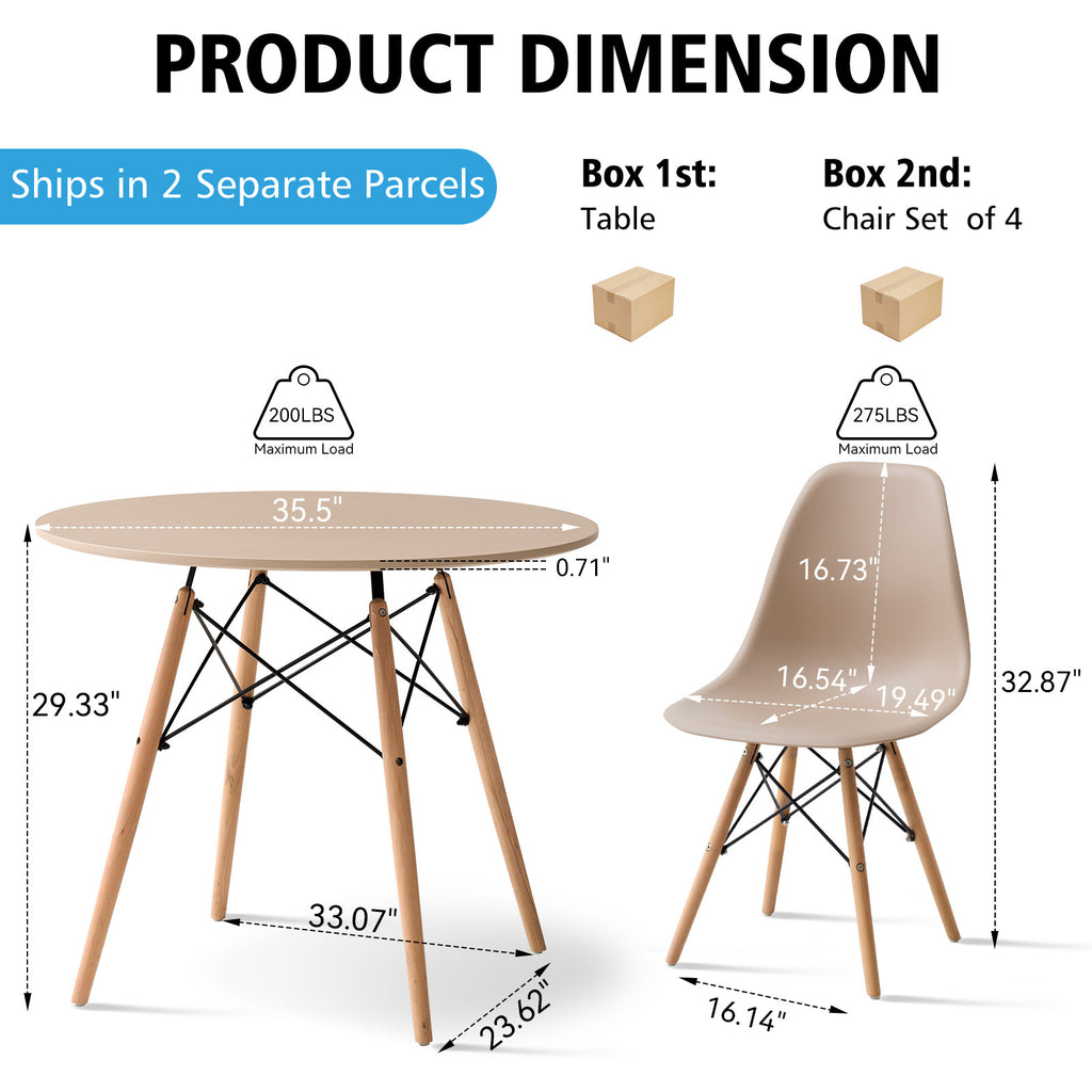 5 Piece 35.5'' Round Dining Table Set for 4, Kitchen Table & Chairs Set of 4, Mid-Century Modern Table W/ 4 Chairs for Home, Living Room, Apartment, Wood Legs, Metal Frame, Sand