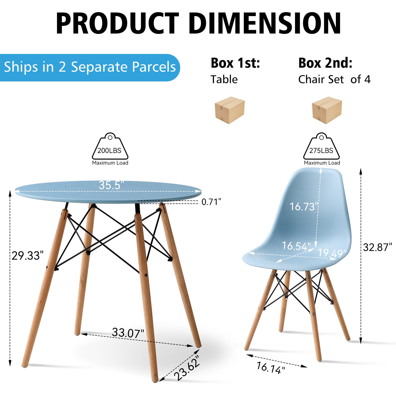 5 Piece 35.5'' Round Dining Table Set for 4, Kitchen Table & Chairs Set of 4, Mid-Century Modern Table W/ 4 Chairs for Home, Living Room, Apartment, Wood Legs, Metal Frame, Blue