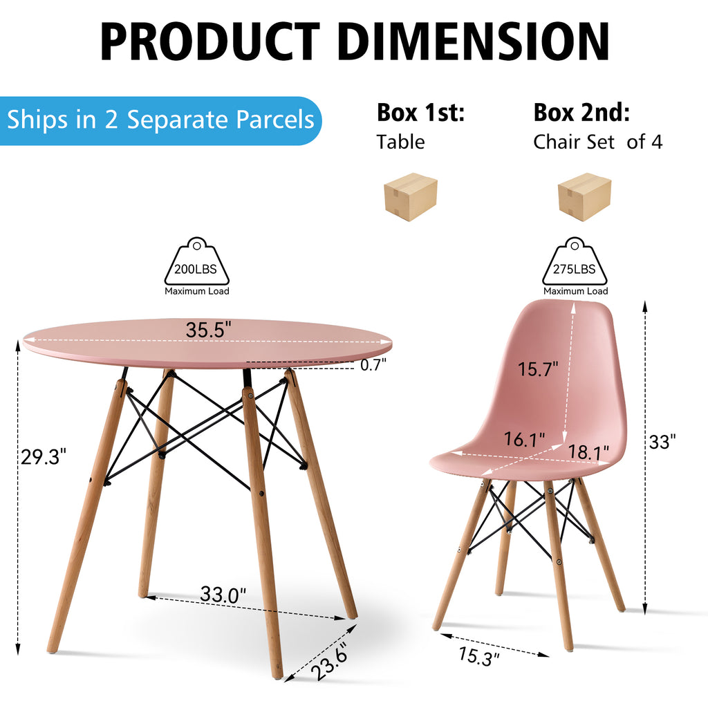 5-Piece 35.5'' Round Dining Table Set for 4, Kitchen Table Chair Set of 4, Mid-Century Modern Dinette Dining Room Table Set Dinner Table for 4 W/Solid Wood Legs, Pink