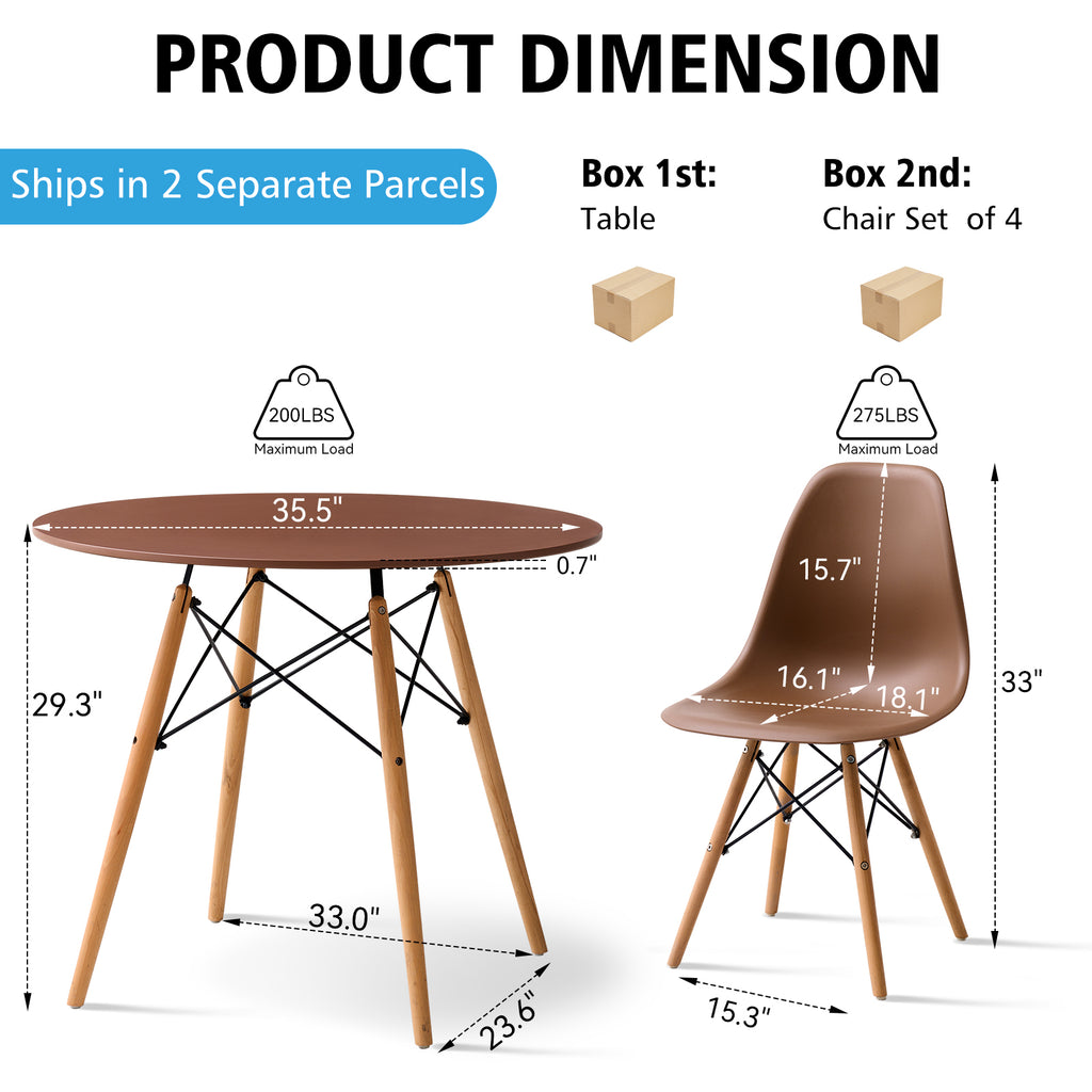5 Piece 35.5'' Round Dining Table Set for 4, Kitchen Table & Chairs Set of 4, Mid-Century Modern Table W/ 4 Chairs for Home, Living Room, Apartment, Wood Legs, Metal Frame, Brown