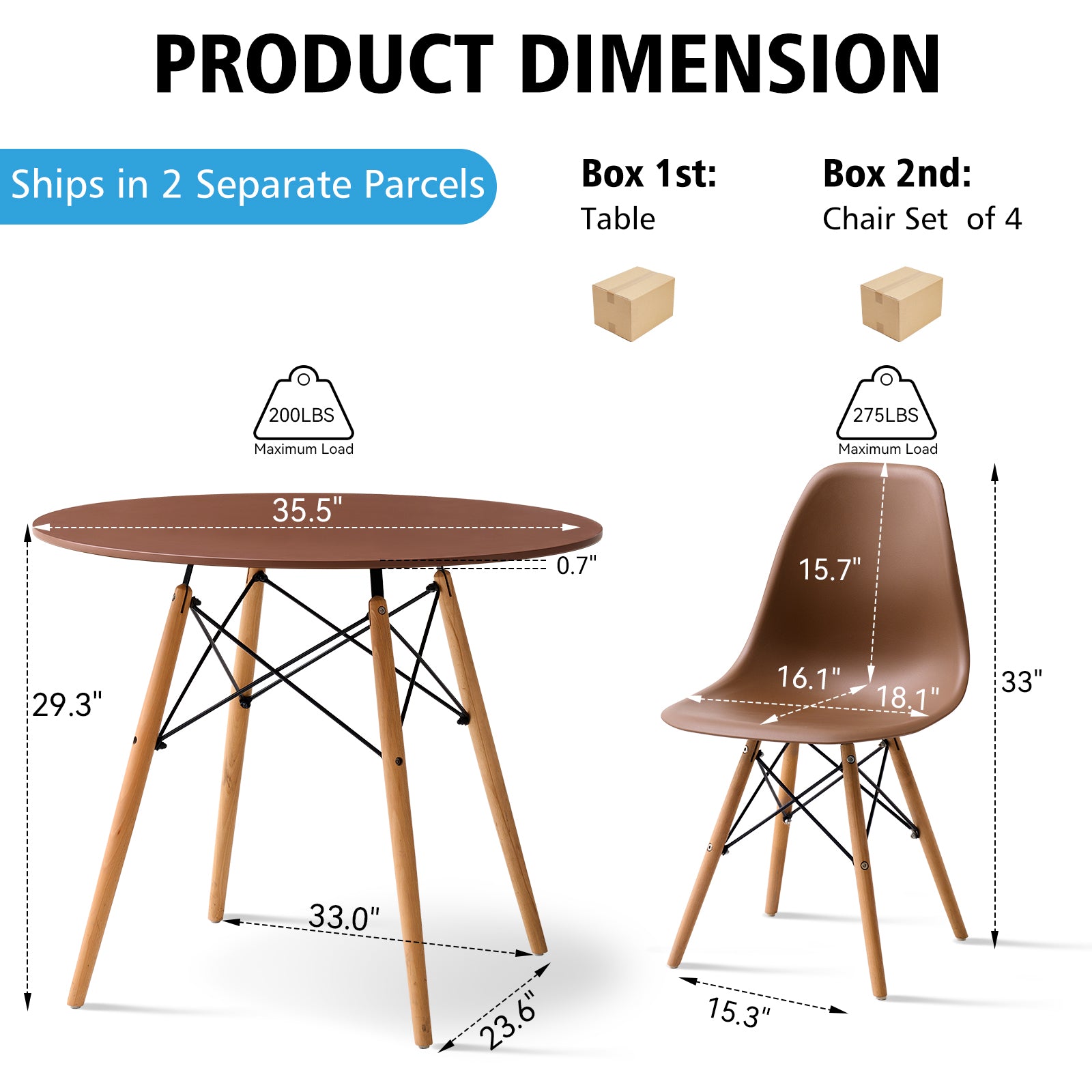 5 Piece 35.5'' Round Dining Table Set for 4, Kitchen Table & Chairs Set of 4, Mid-Century Modern Table W/ 4 Chairs for Home, Living Room, Apartment, Wood Legs, Metal Frame, Brown
