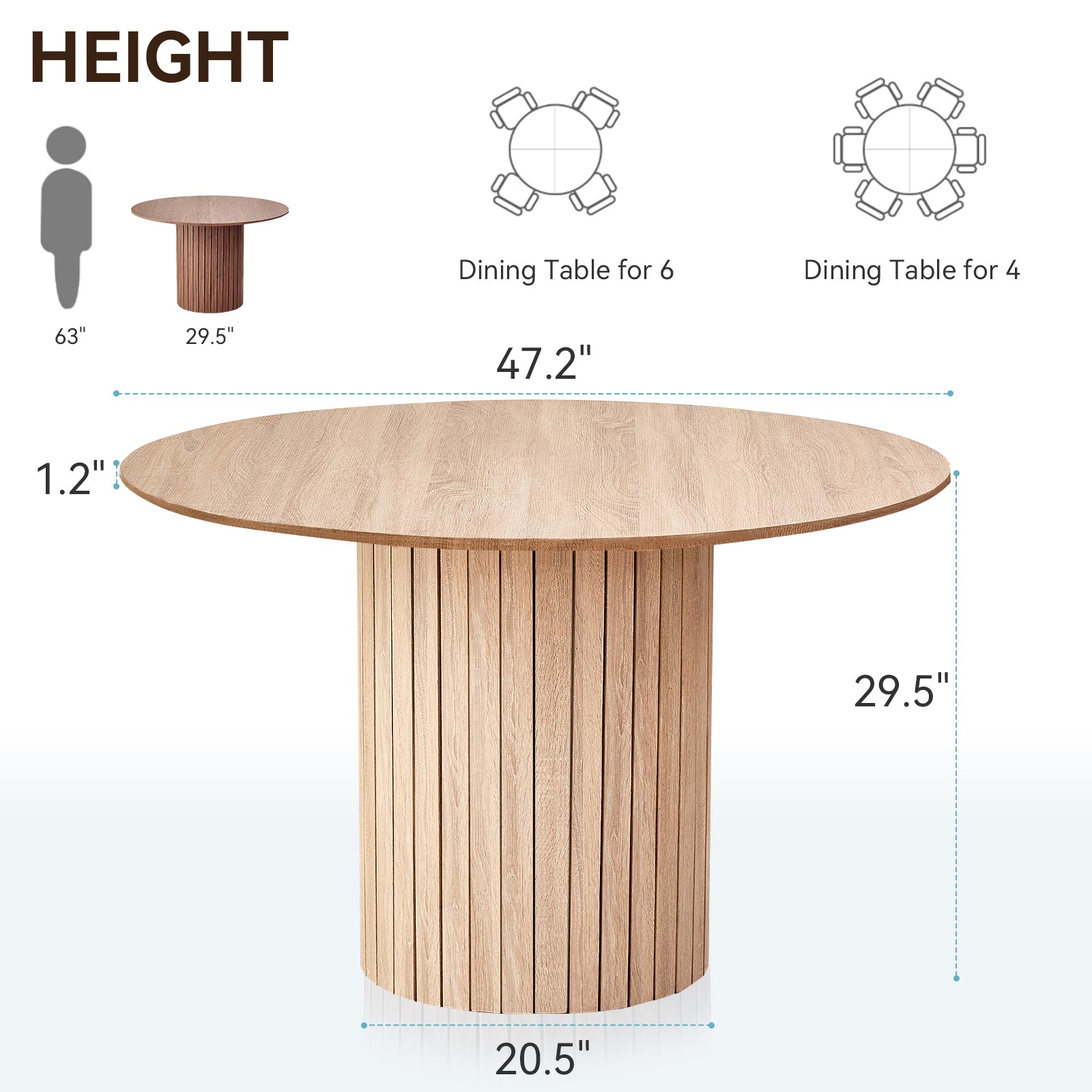 47 inches Modern Round Dining Table, Wood Kitchen Table for 4 with Two-part Tabletop and Wooden Strip Columns Base, Farmhouse Table for Kitchen, Dinning Room, Oak
