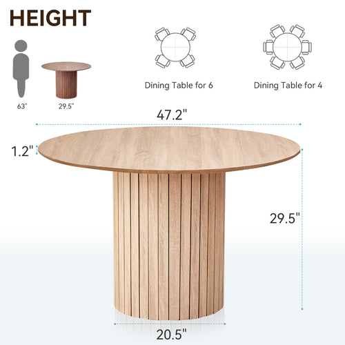 47 inches Modern Round Dining Table, Wood Kitchen Table for 4 with Two-part Tabletop and Wooden Strip Columns Base, Farmhouse Table for Kitchen, Dinning Room, Oak