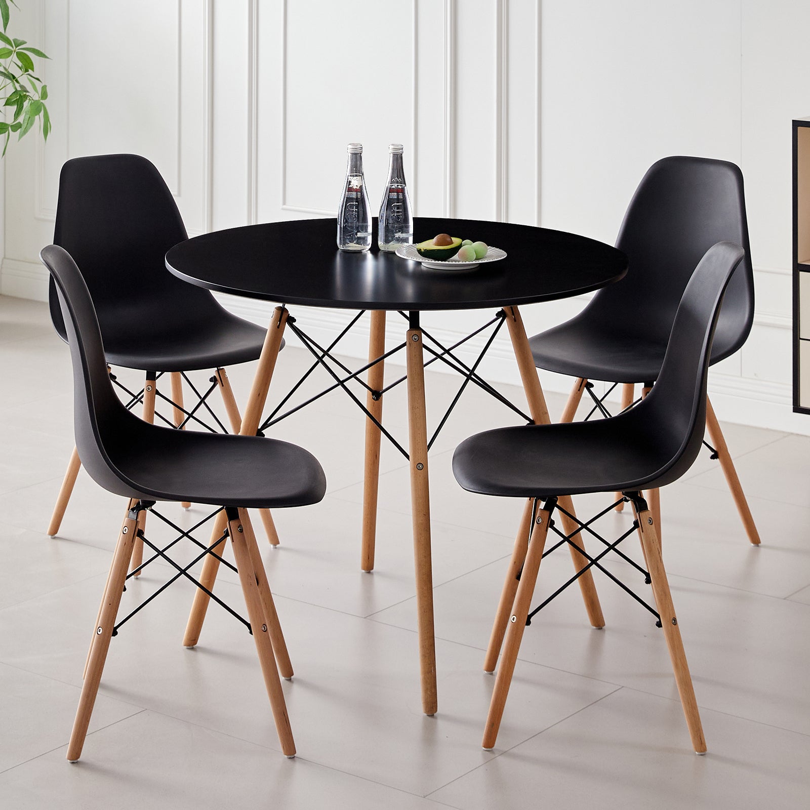5 Piece 35.5'' Round Dining Table Set for 4, Kitchen Table & Chairs Set of 4, Mid-Century Modern Table W/ 4 Chairs for Home, Living Room, Apartment, Wood Legs, Metal Frame, Black