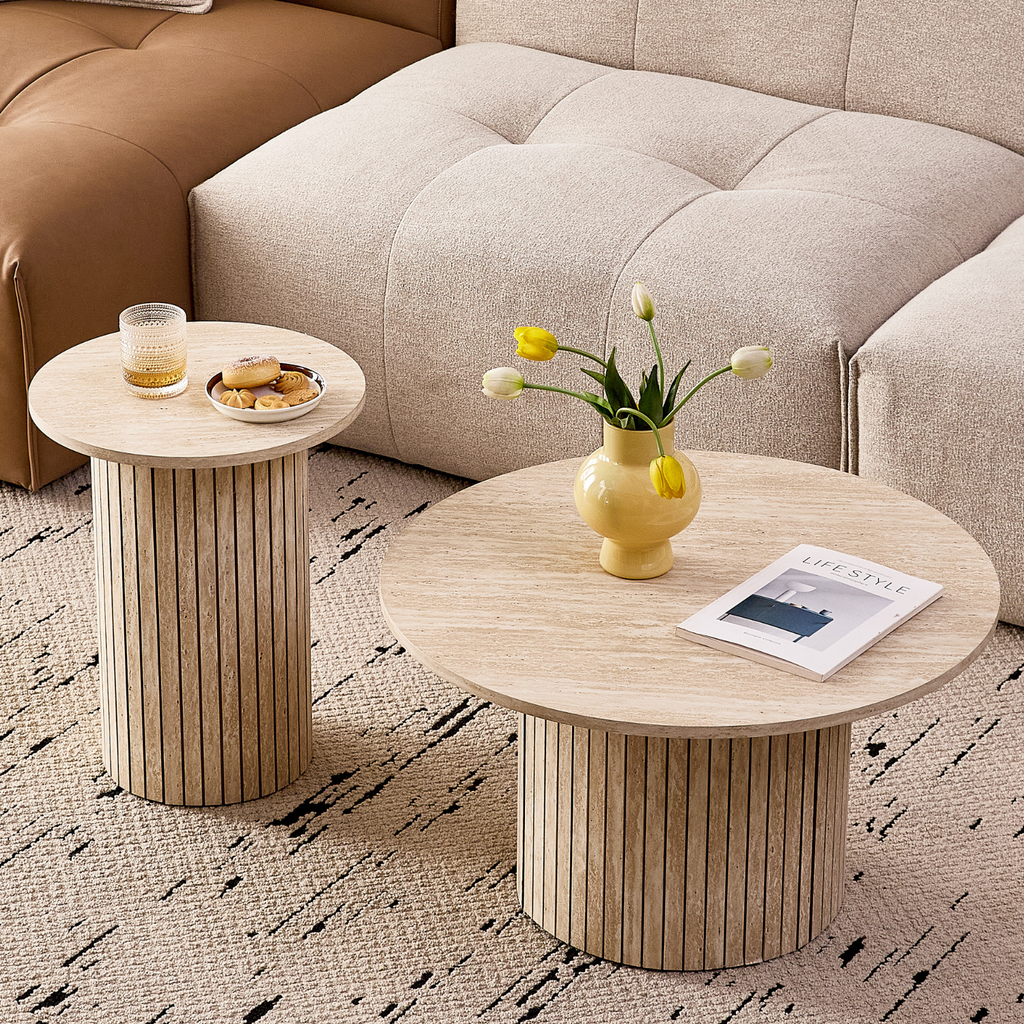Round Nesting Coffee Tables Set of 2, Boho Wood Circle Side Table Fluted Drum, Farmhouse End Table for Living Room Bedroom, Apartment, Stone-patterned
