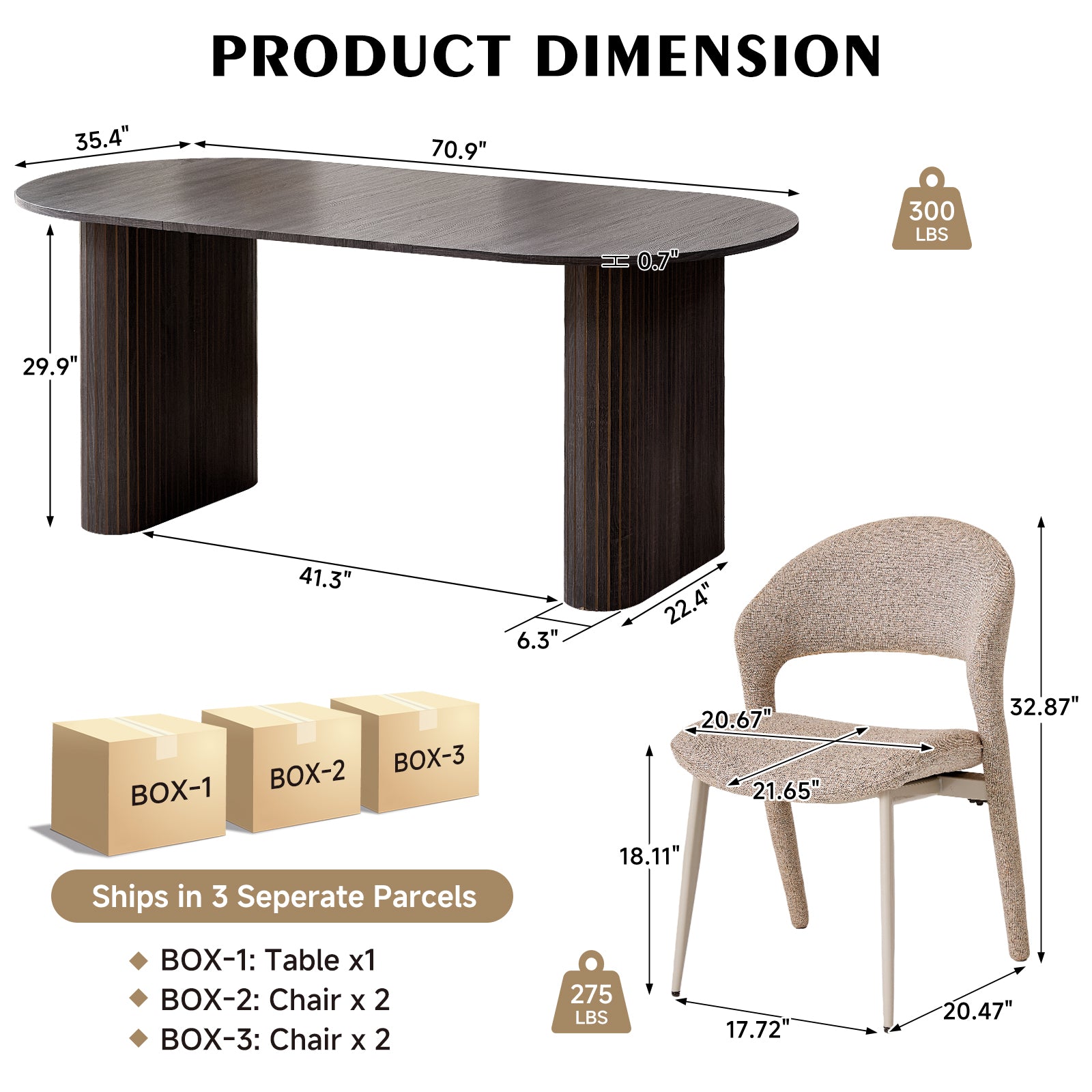 71" Black Large Dining Table Set for 4 Modern Kitchen Table with Brown Linen Upholstered Kitchen Chairs Set of 4