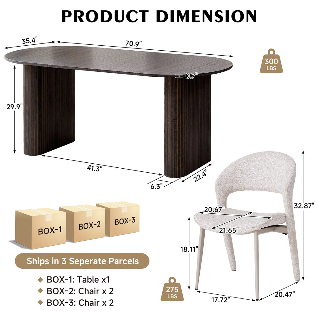 71" Black Large Dining Table Set for 4 Modern Kitchen Table with White Linen Upholstered Kitchen Chairs Set of 4