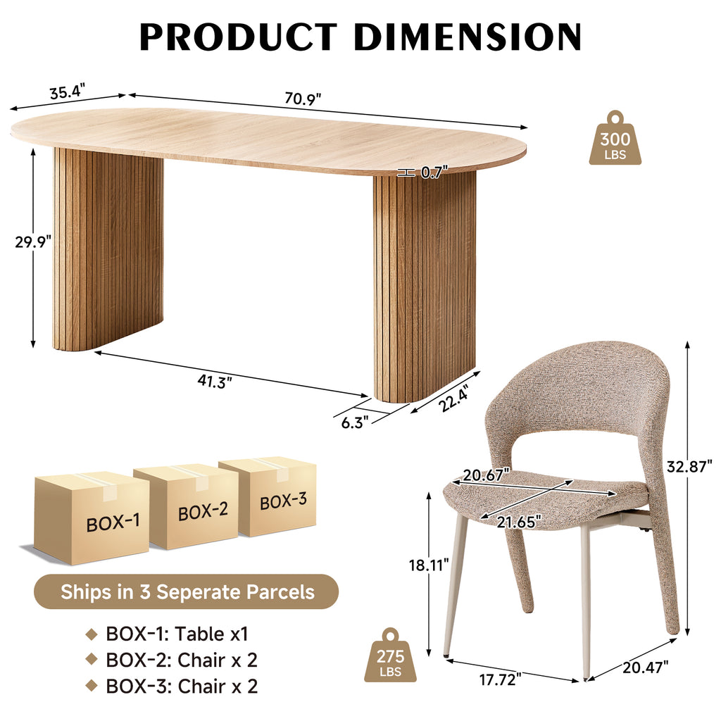71" Natural Large Dining Table Set for 4 Modern Kitchen Table with Brown Linen Upholstered Kitchen Chairs Set of 4