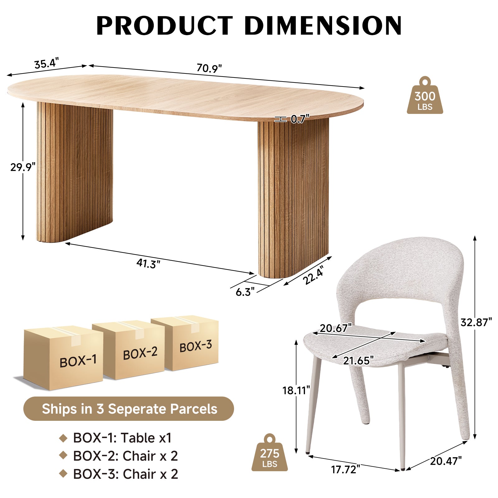 71" Natural Large Dining Table Set for 4 Modern Kitchen Table with White Linen Upholstered Kitchen Chairs Set of 4