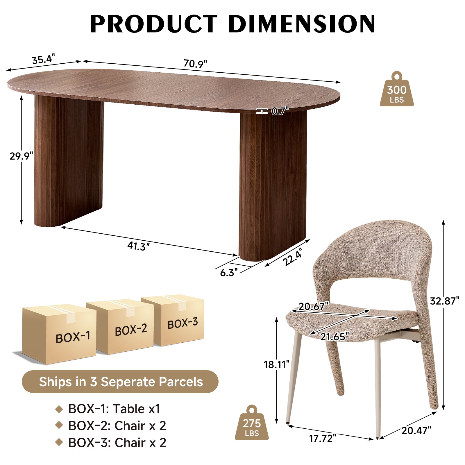 71" Brown Large Dining Table Set for 4 Modern Kitchen Table with Brown Linen Upholstered Kitchen Chairs Set of 4