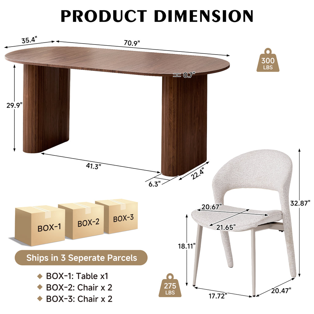 71" Brown Large Dining Table Set for 4 Modern Kitchen Table with White Linen Upholstered Kitchen Chairs Set of 4