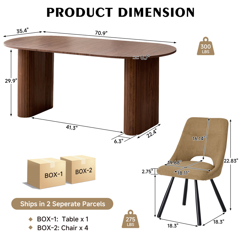 71" Brown Large Dining Table Set for 4 Modern Kitchen Table with Brown Boucle Upholstered Kitchen Chairs Set of 4