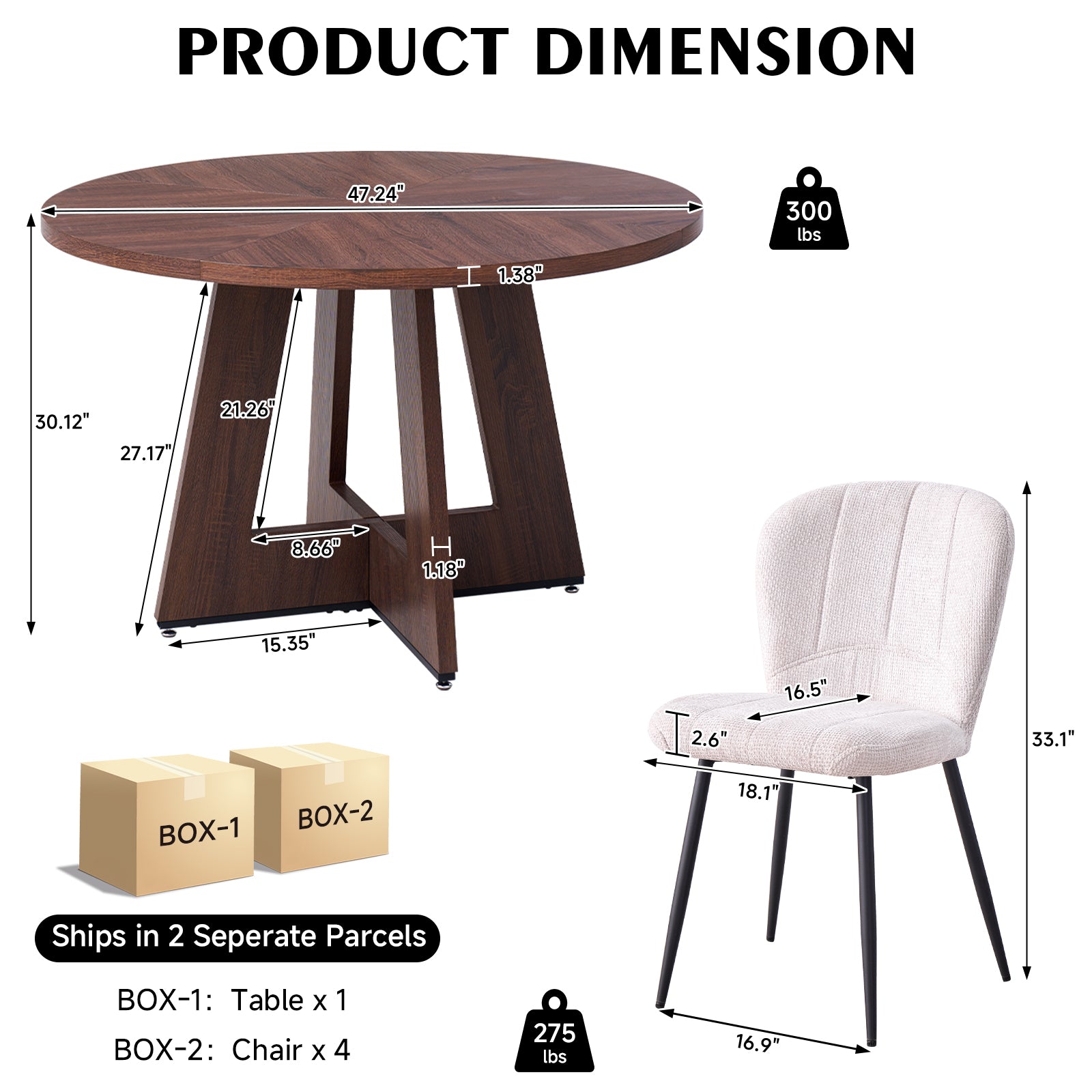 5 Piece 47" Round Dining Room Table Set for 4, [Fanned Base] [1.38" Thick Top] Wood Kitchen Table with 4 White Chenille Dining Chairs