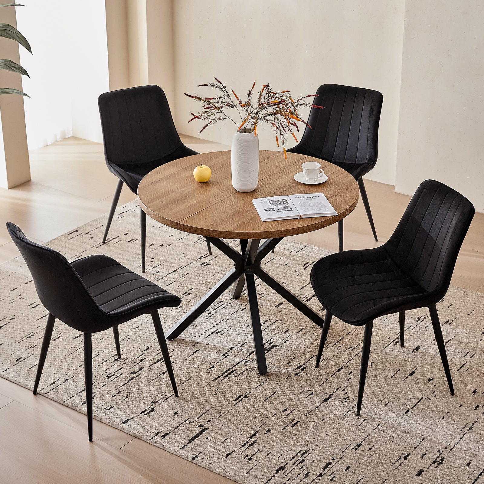 39" Round Dining Table Set for 4, Mid Century Kitchen Table with 4 Black Upholstered Dining Chairs for Apartment Living Room Space Saving,Brown Table