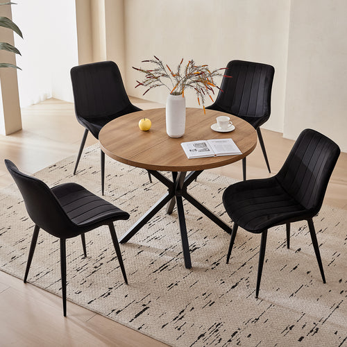39" Round Dining Table Set for 4, Mid Century Kitchen Table with 4 Black Upholstered Dining Chairs for Apartment Living Room Space Saving,Brown Table