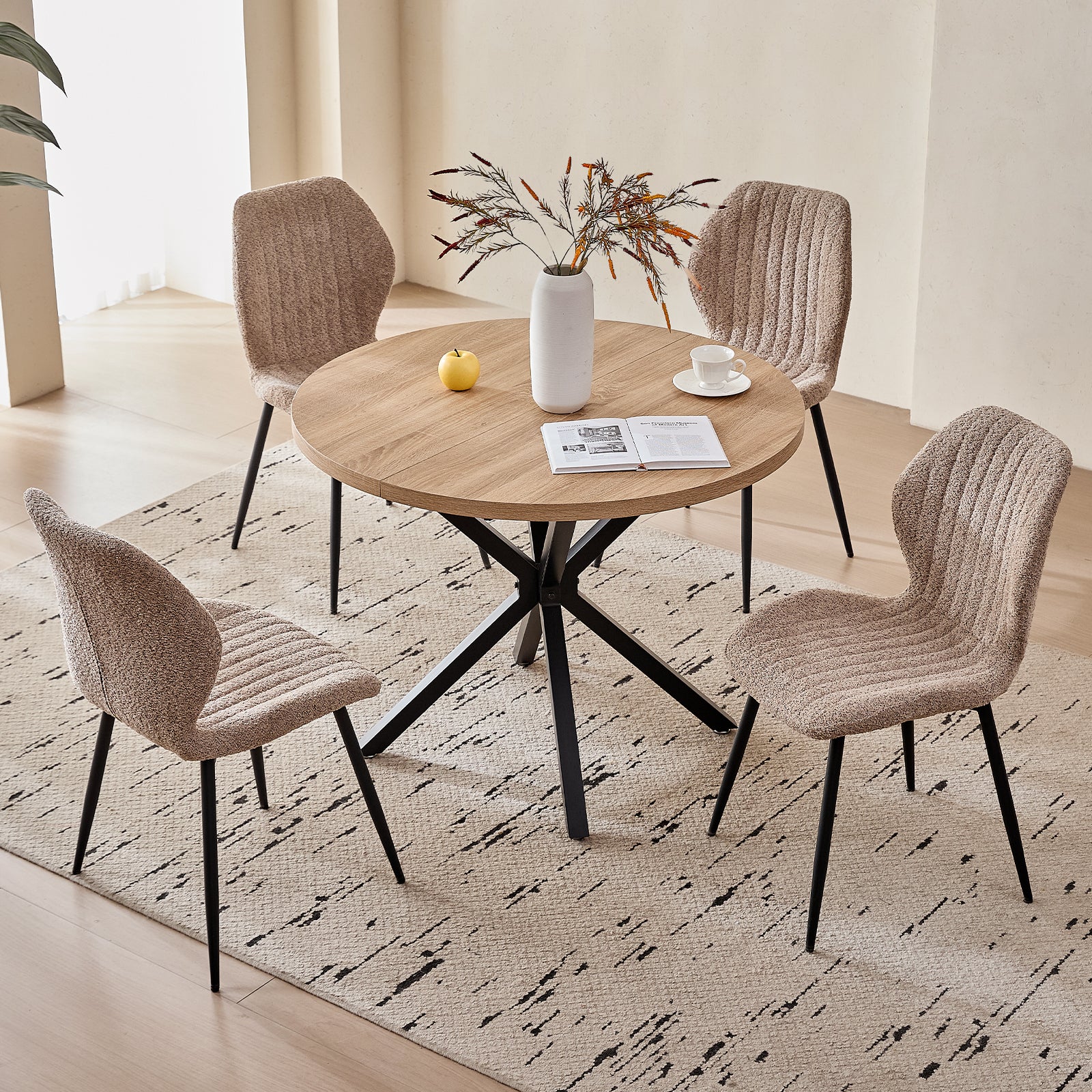 39" Round Dining Table Set for 4, Mid Century Kitchen Table with 4 Brown Upholstered Dining Chairs for Apartment Living Room Space Saving,Natural Table