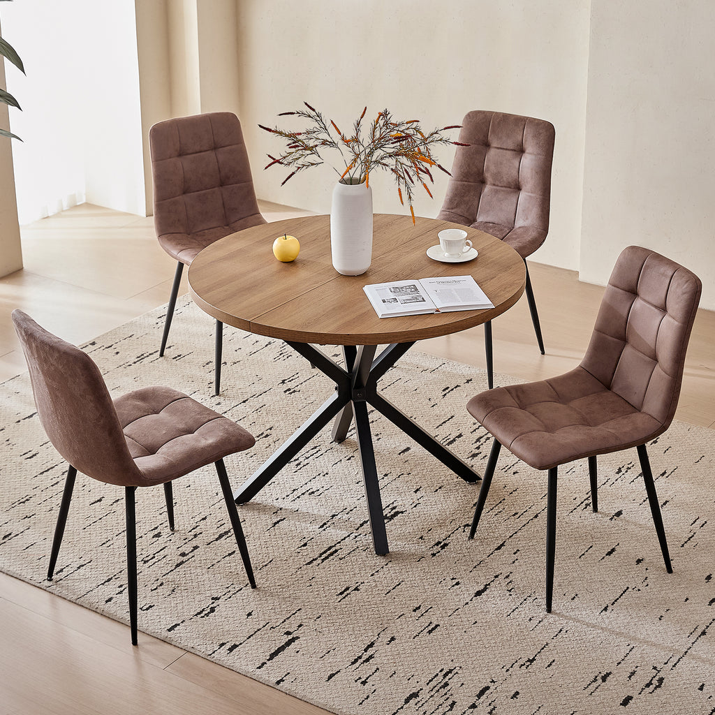 5 Pieces Round Dining Table Set - Mid-Century Brown Dining Table with 4 Brown Faux Leather Chairs Set, Coffee Table & Chairs with Black Metal Legs for Kitchen Dining Room, Apartment