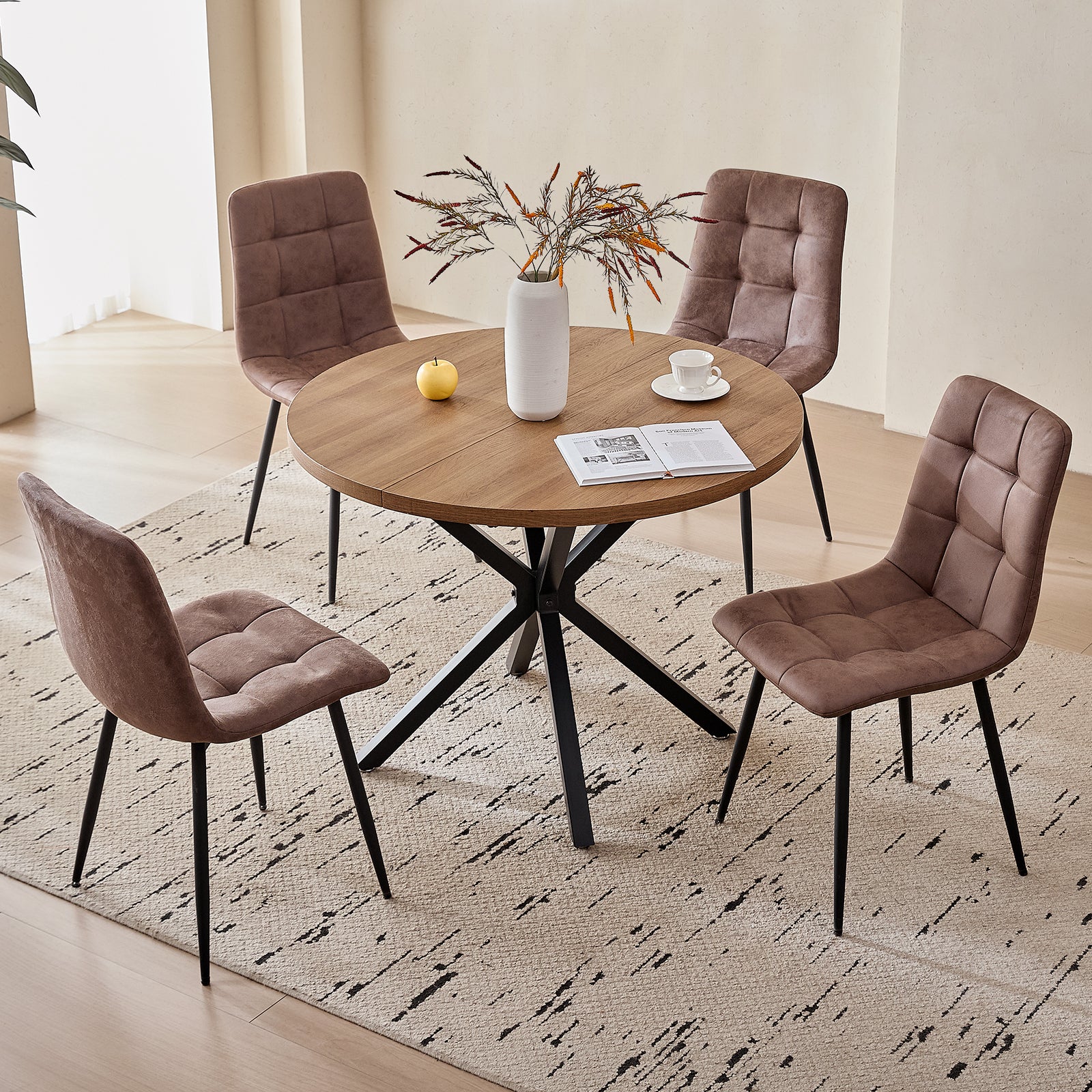 5 Pieces Round Dining Table Set - Mid-Century Brown Dining Table with 4 Brown Faux Leather Chairs Set, Coffee Table & Chairs with Black Metal Legs for Kitchen Dining Room, Apartment