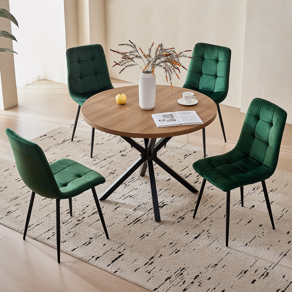 5 Pieces Round Dining Table Set - Mid-Century Modern Brown Dinner Table with 4 Green Velvet Chairs Set, Coffee Table & Chair with Black Metal Legs for Kitchen Dining Room, Apartment