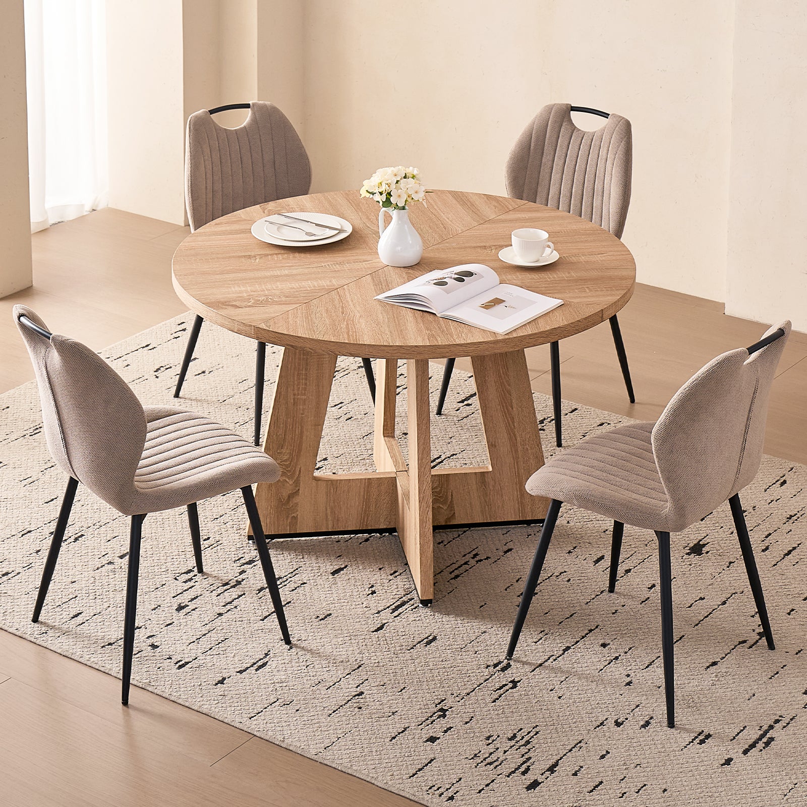 5 Piece 47'' Round Dining Table Chairs Set for 4, Farmhouse Oak Kitchen Table with 4 Scandi Mid Century Modern Dinning Room Chairs, Wood Dinner Table &Upholstered Fabric Chairs Set of 4, Khaki