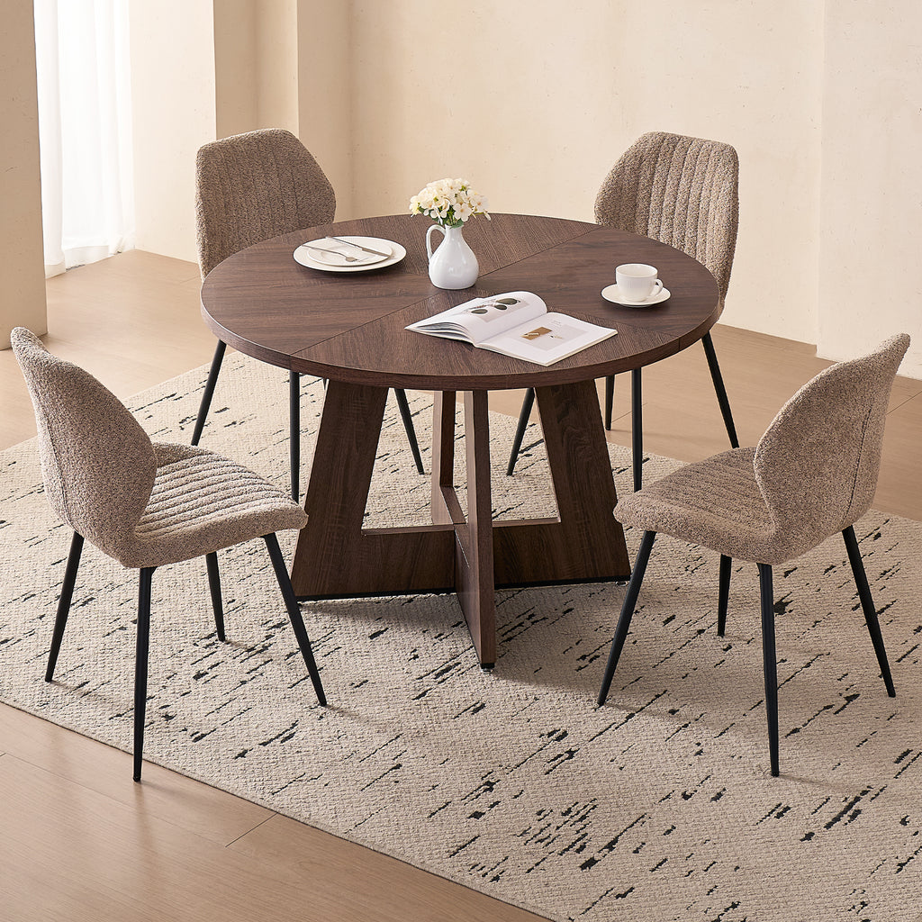 5 Piece 47'' Round Dining Table Chairs Set for 4, Farmhouse Oak Kitchen Table with 4 Scandi Mid Century Modern Dinning Room Chairs, Wood Dinner Table &Upholstered Fabric Chairs Set of 4, Brown