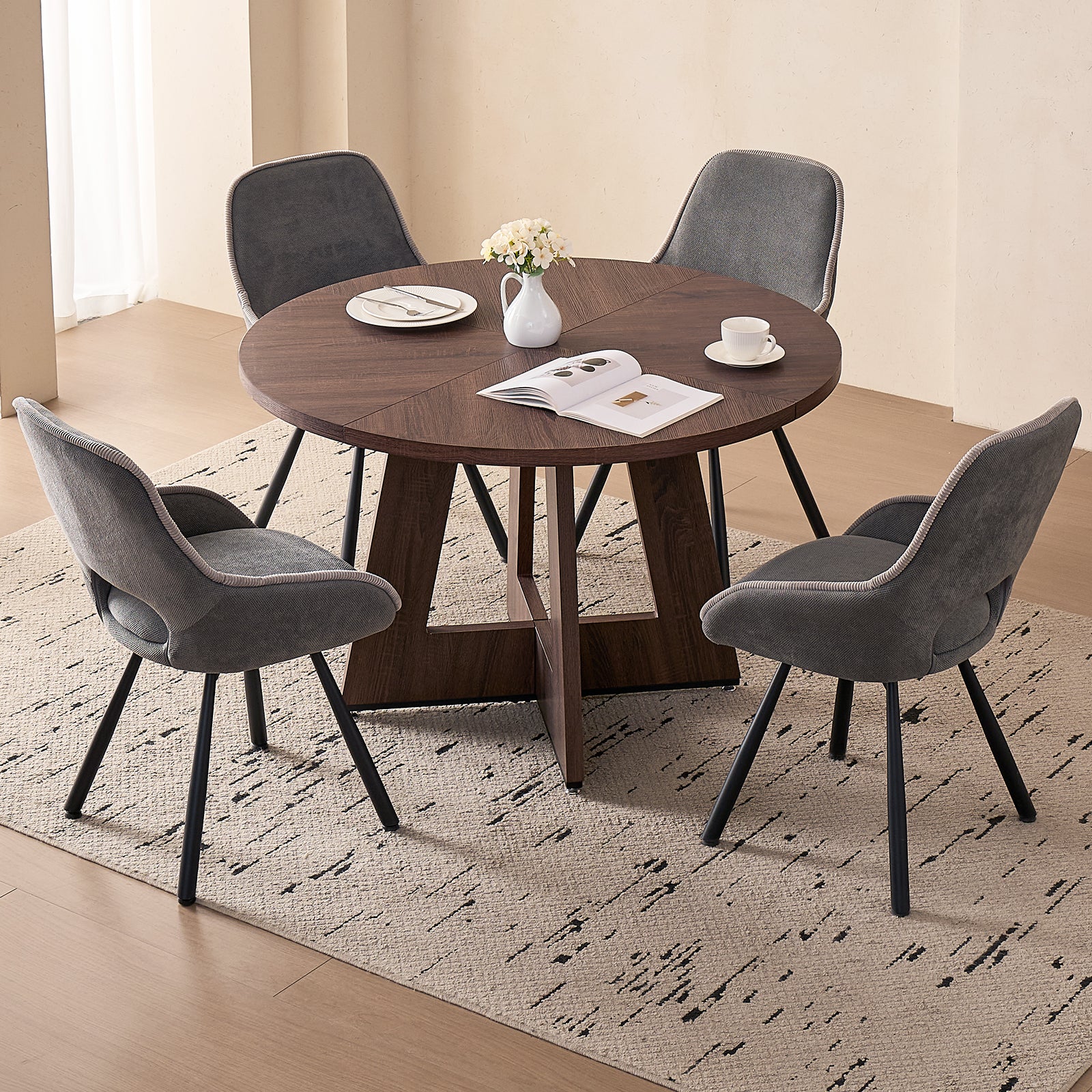 5 Piece 47" Round Dining Table Set for 4, [Fanned Base] [1.38" Thick Top] Wood Kitchen Table with 4 Swivel Dining Chairs, Grey