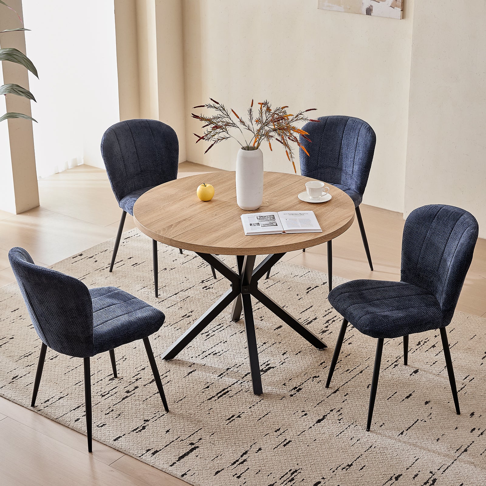 39" Round Dining Table Set for 4, Mid Century Kitchen Table with 4 Upholstered Accent Chenille Dining Chairs for Apartment Living Room, Space Saving, Blue