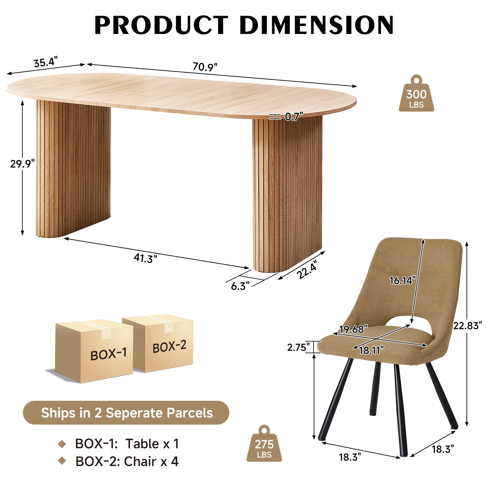 71" Natural Large Dining Table Set for 4 Modern Kitchen Table with Brown Boucle Upholstered Kitchen Chairs Set of 4