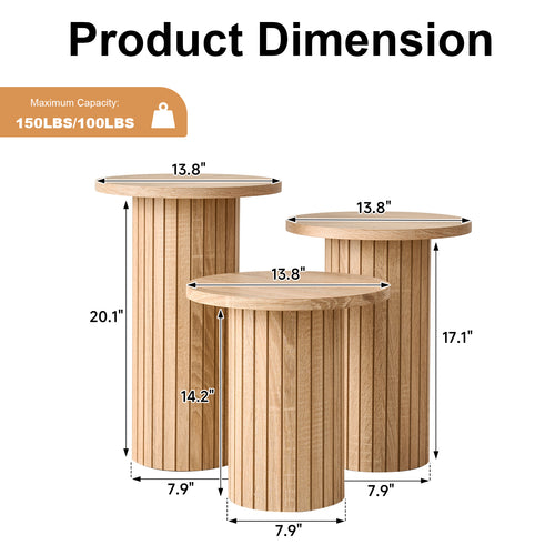 3-Piece Nesting Coffee Table Set, Modern Small Round Wood Side Tables, Fluted Drum Base, for Living Room, Bedroom, Apartment, Small Space, Sofa, Natural
