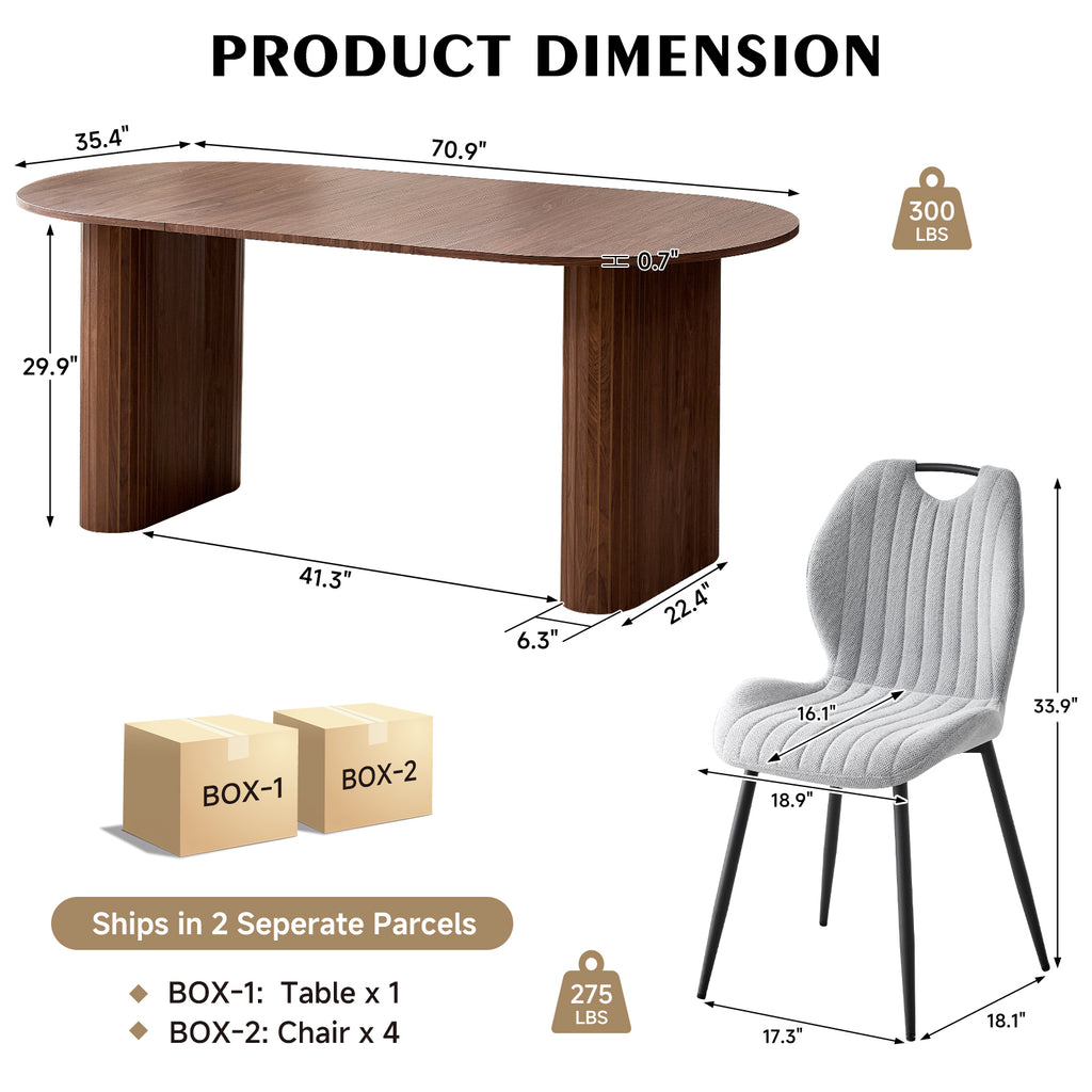 71" Large Dining Table Set for 4, Rounded Corners Farmhouse Modern Rectangle Wood Kitchen Table with Fabric Wingback Dining Chairs for Living Room Apartment Waiting Room