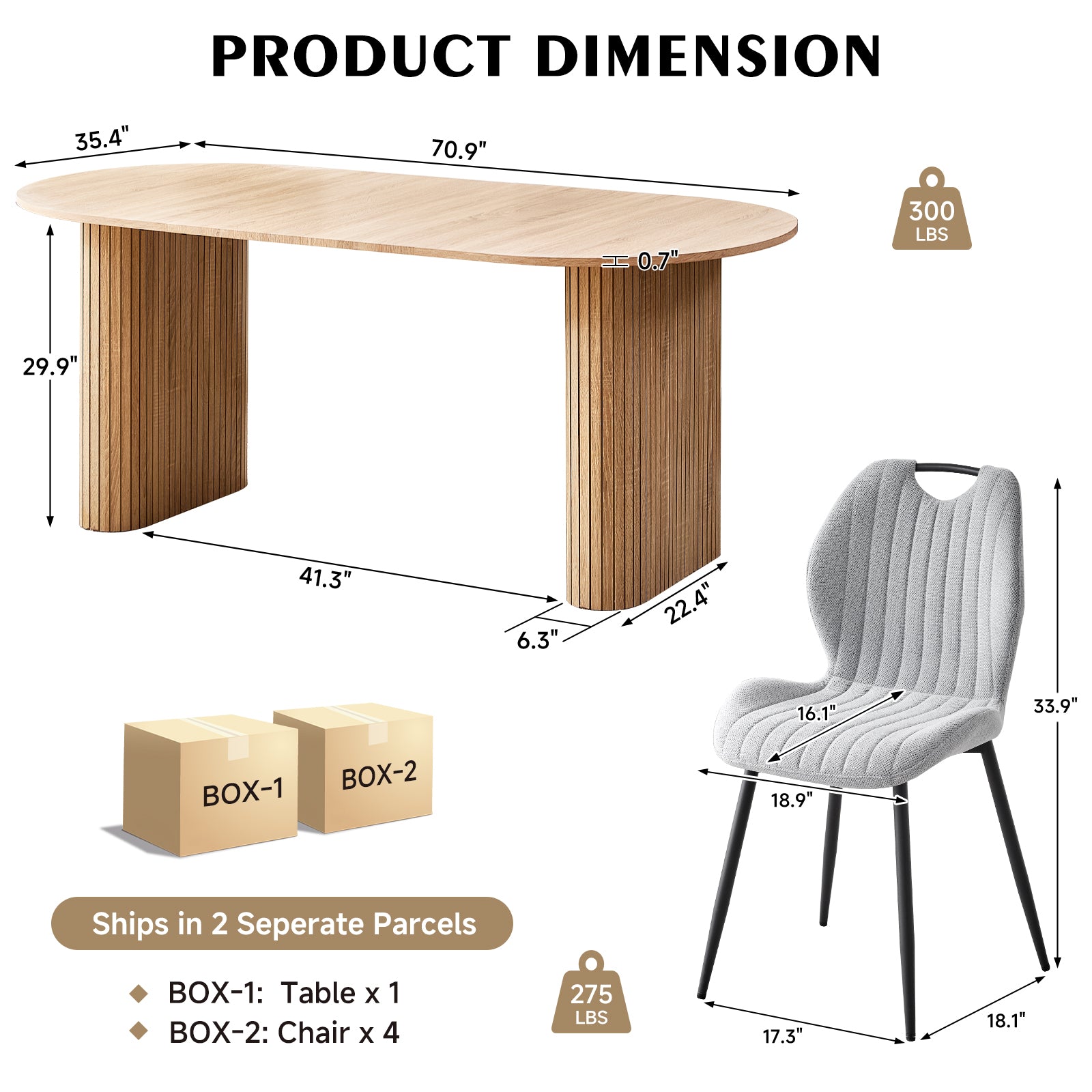 71" Large Dining Table Set for 4, Rounded Corners Farmhouse Modern Rectangle Wood Kitchen Table with Fabric Wingback Dining Chairs for Living Room Apartment Waiting Room