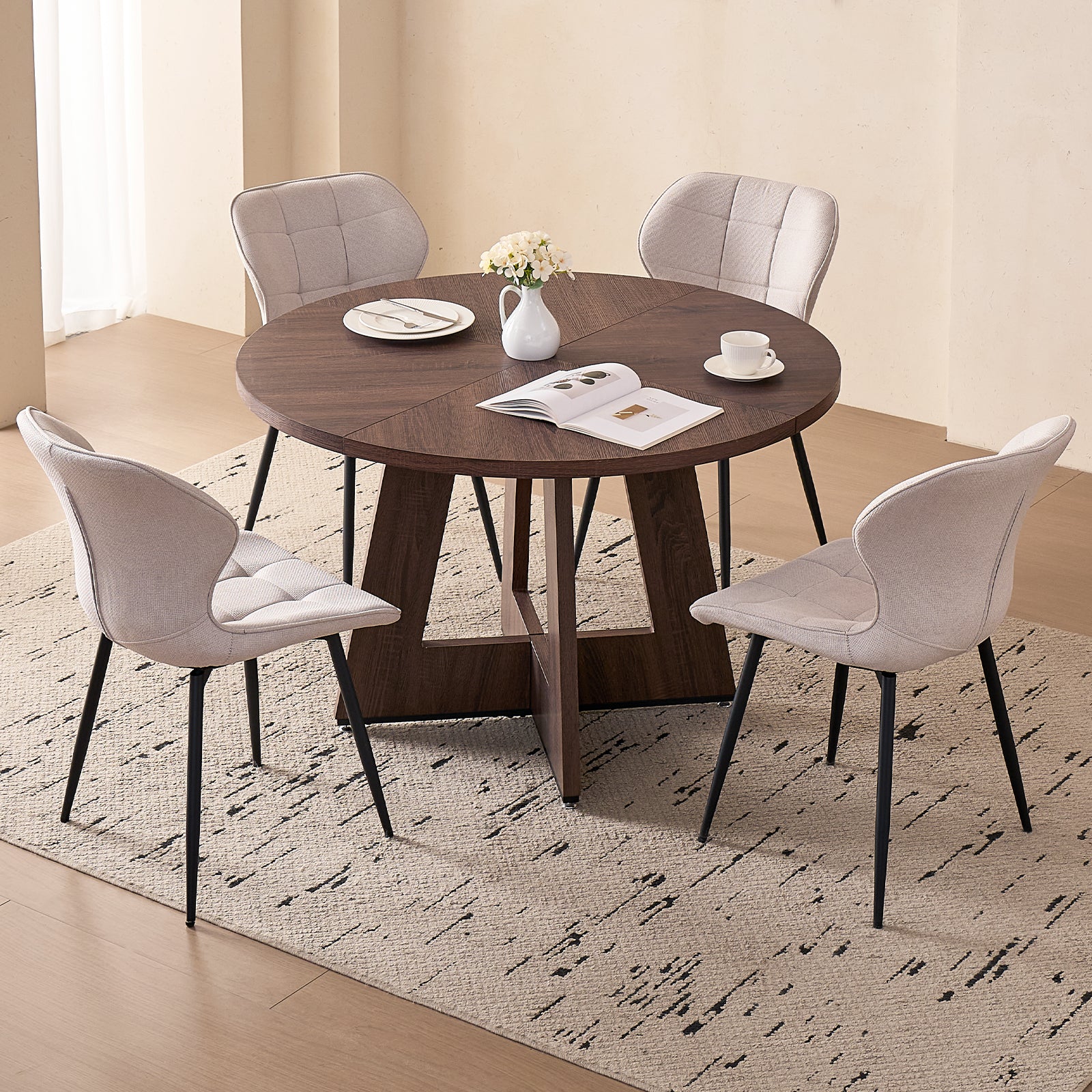 5 Piece 47'' Round Dining Table Chairs Set for 4, Farmhouse Walnut Kitchen Table and Chairs Mid Century Modern Wood Dining Table with 4 Water-Resistant Fabric Dining Chairs, White