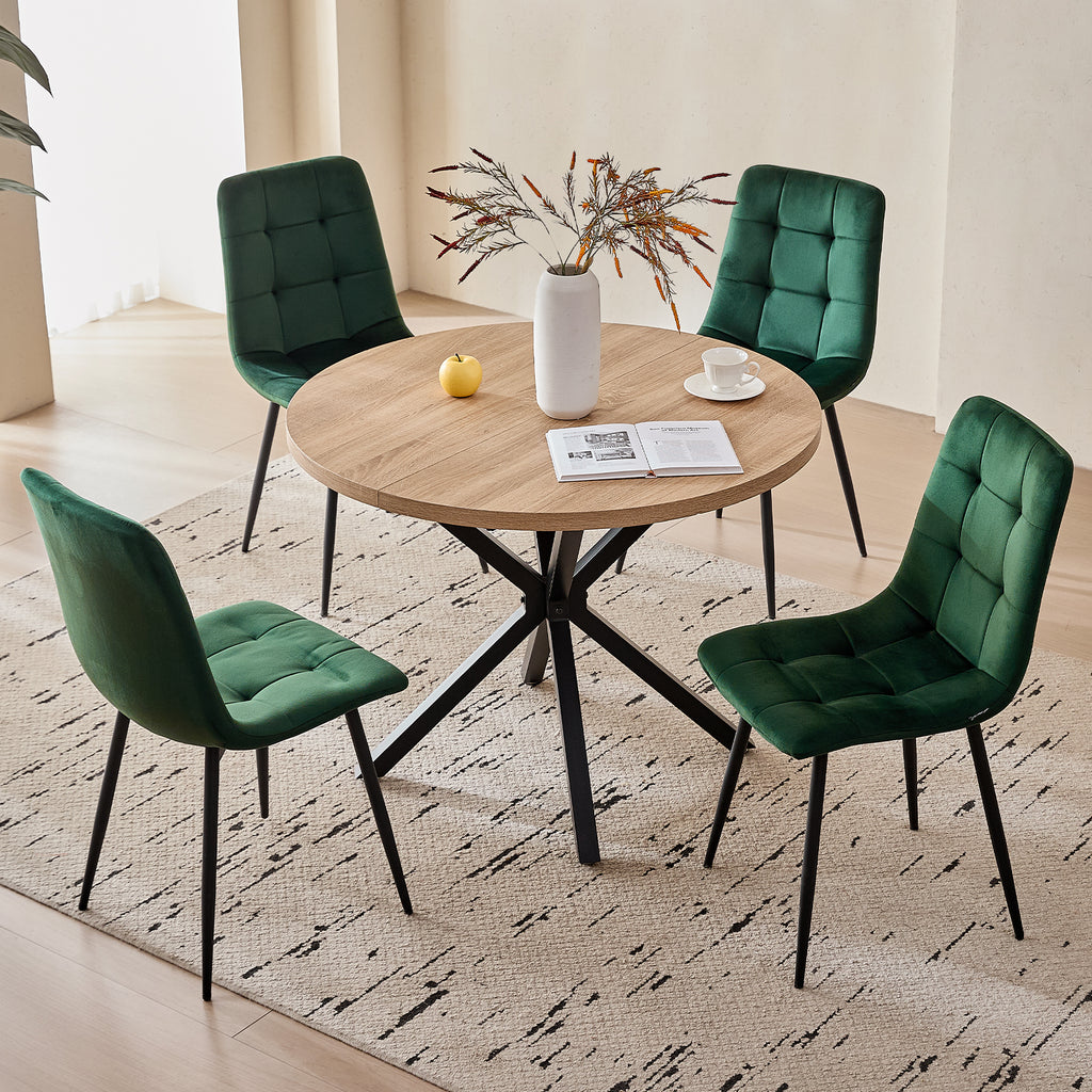39" Round Dining Table Set for 4, Mid Century Kitchen Table with 4 Green Velvet Upholstered Dining Chairs for Apartment Living Room Space Saving