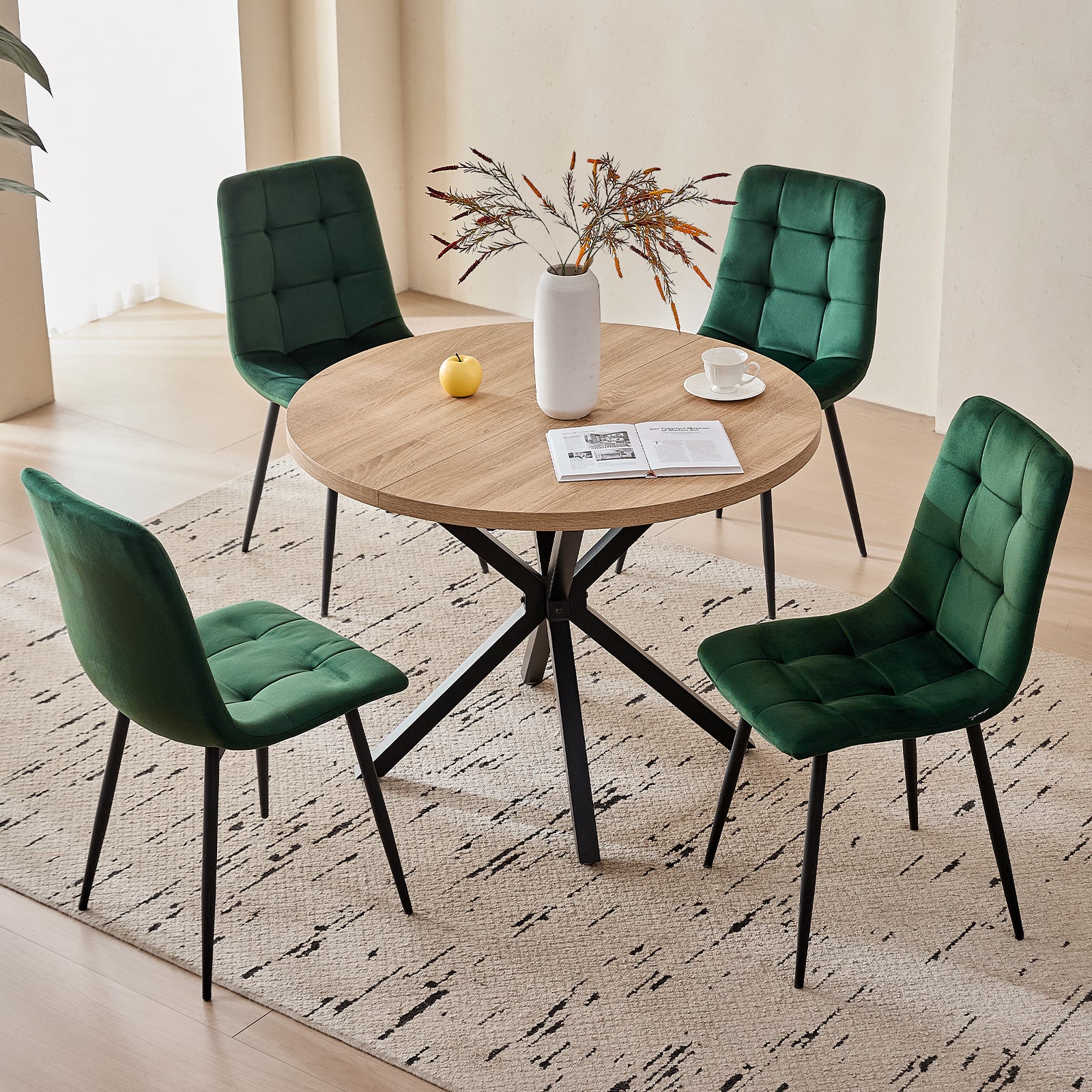 39" Round Dining Table Set for 4, Mid Century Kitchen Table with 4 Green Velvet Upholstered Dining Chairs for Apartment Living Room Space Saving