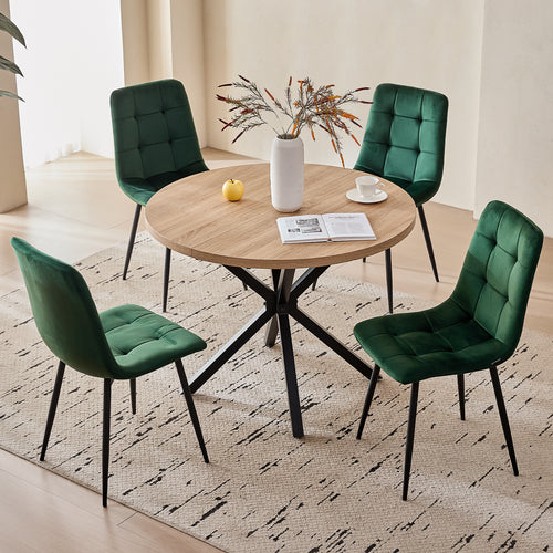 39" Round Dining Table Set for 4, Mid Century Kitchen Table with 4 Green Velvet Upholstered Dining Chairs for Apartment Living Room Space Saving