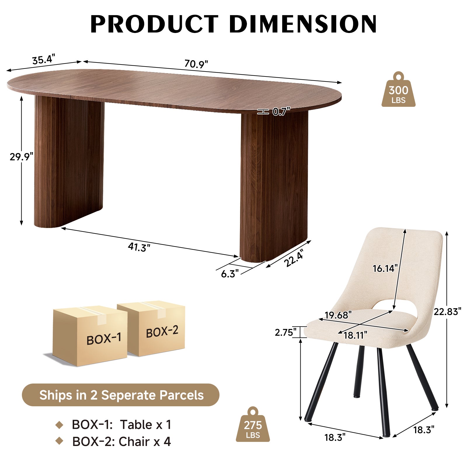 71" Brown Large Dining Table Set for 4 Modern Kitchen Table with Beige Boucle Upholstered Kitchen Chairs Set of 4