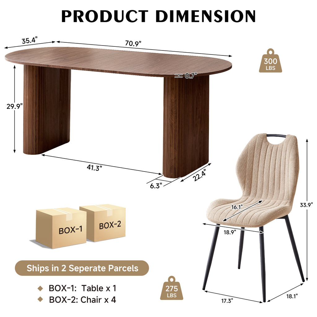 71" Large Dining Table Set for 4, Rounded Corners Farmhouse Modern Rectangle Wood Kitchen Table with Fabric Wingback Dining Chairs for Living Room Apartment Waiting Room