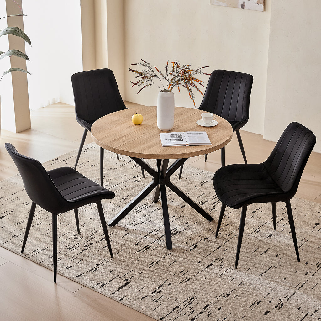 39" Round Dining Table Set for 4, Mid Century Kitchen Table with 4 Black Upholstered Dining Chairs for Apartment Living Room Space Saving,Natural Table