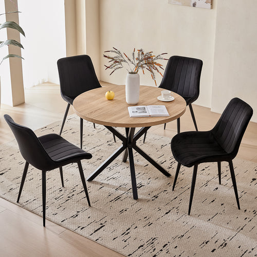 39" Round Dining Table Set for 4, Mid Century Kitchen Table with 4 Black Upholstered Dining Chairs for Apartment Living Room Space Saving,Natural Table