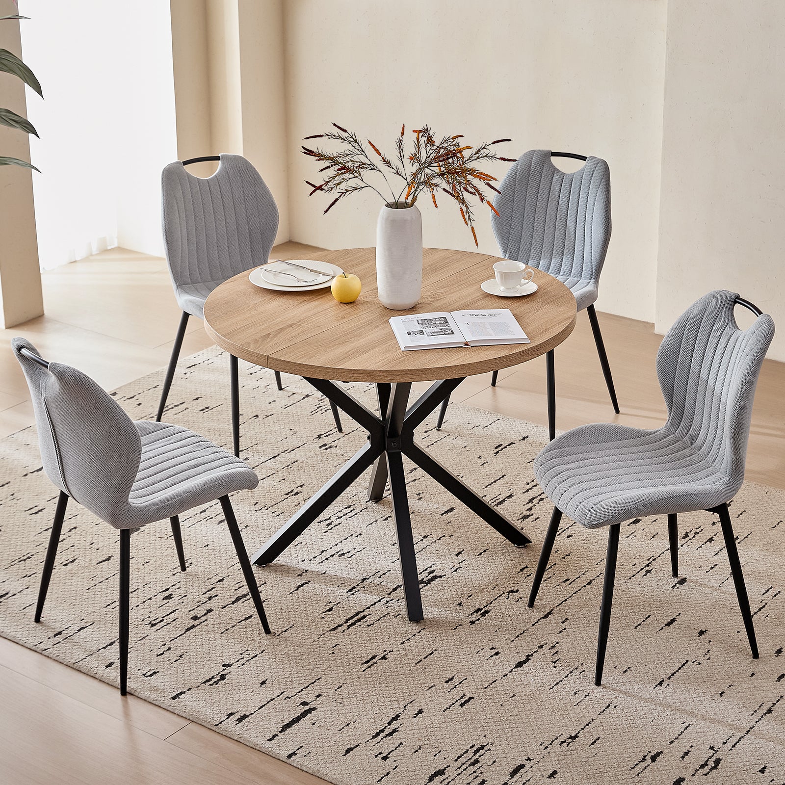5 Piece 39" Round Dining Table Set for 4, Mid Century Kitchen Table with 4 Khaki Gray Upholstered Dining Chairs for Apartment Living Room, Space Saving Table.