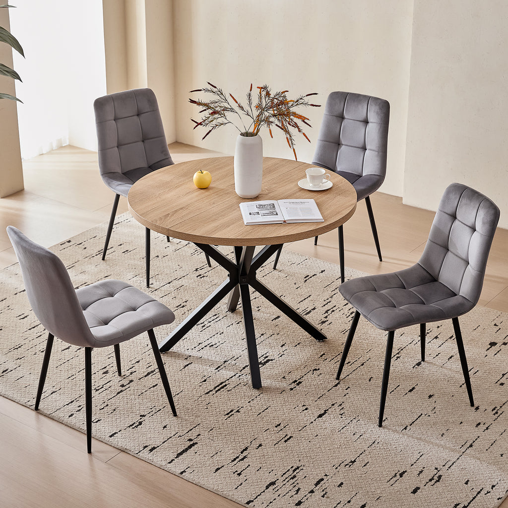 39" Round Dining Table Set for 4, Mid Century Kitchen Table with 4 Grey Velvet Upholstered Dining Chairs for Apartment Living Room Space Saving