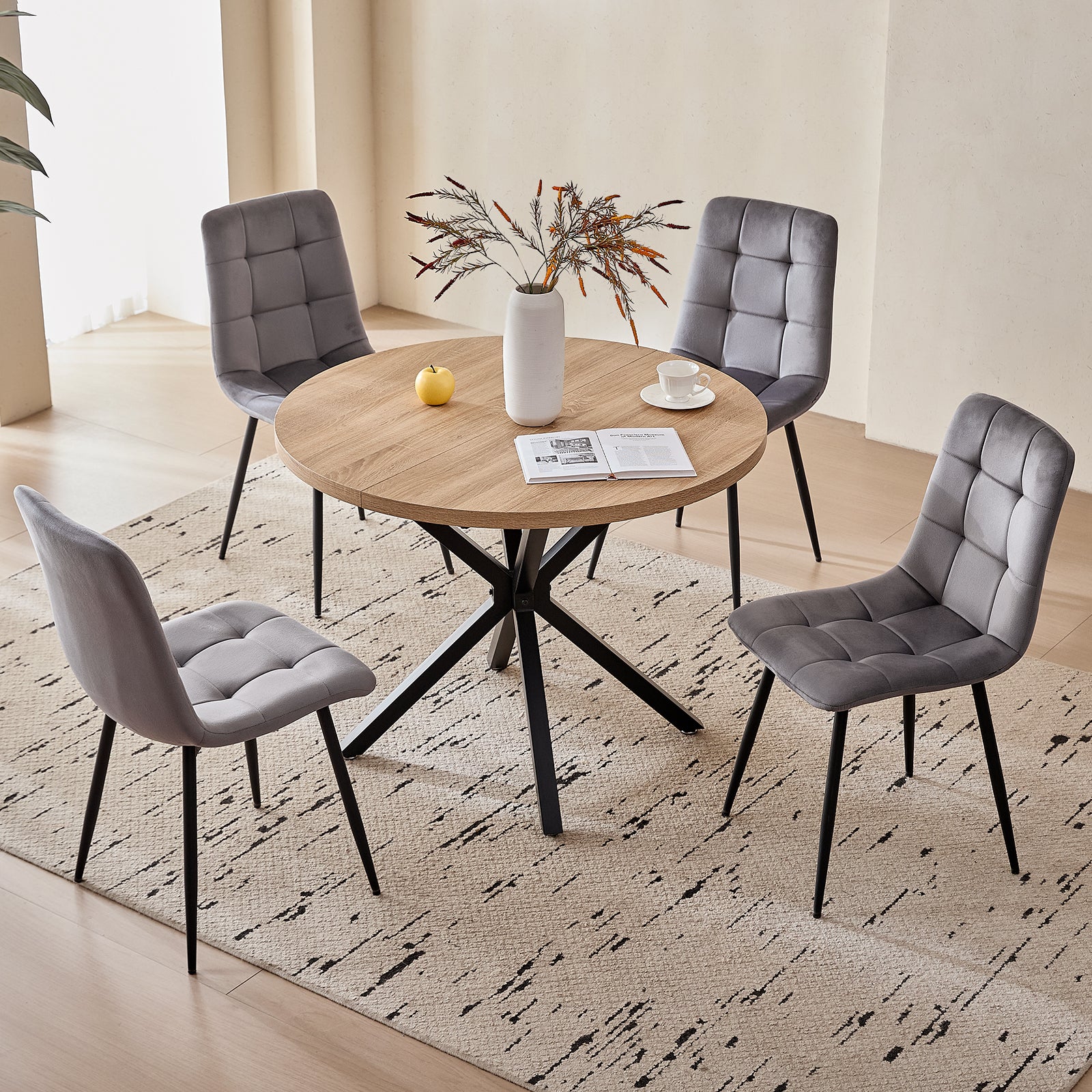 39" Round Dining Table Set for 4, Mid Century Kitchen Table with 4 Grey Velvet Upholstered Dining Chairs for Apartment Living Room Space Saving