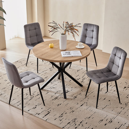 39" Round Dining Table Set for 4, Mid Century Kitchen Table with 4 Grey Velvet Upholstered Dining Chairs for Apartment Living Room Space Saving