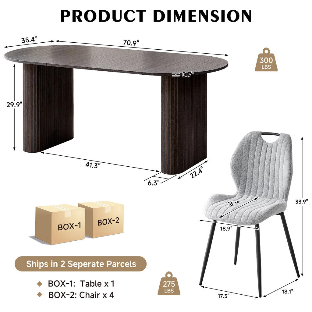 71" Large Dining Table Set for 4, Rounded Corners Farmhouse Modern Rectangle Wood Kitchen Table with Fabric Wingback Dining Chairs for Living Room Apartment Waiting Room