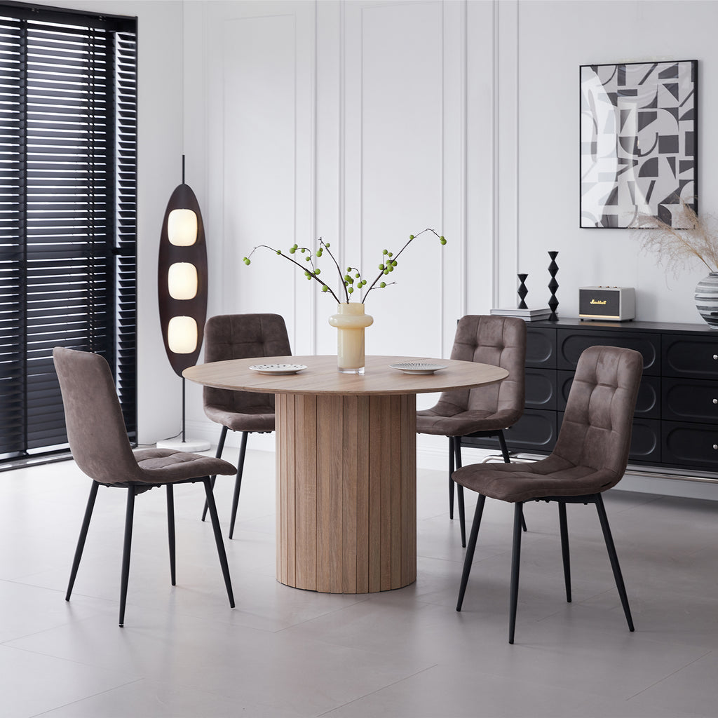 5 Piece Round Dining Table Set - Mid-Century 47 inch Oak Dining Table with 4 Brown Faux Leather Chairs Set, Dinner Table & Chair with Metal Legs for Kitchen Dining Room, Apartment, Bedroom