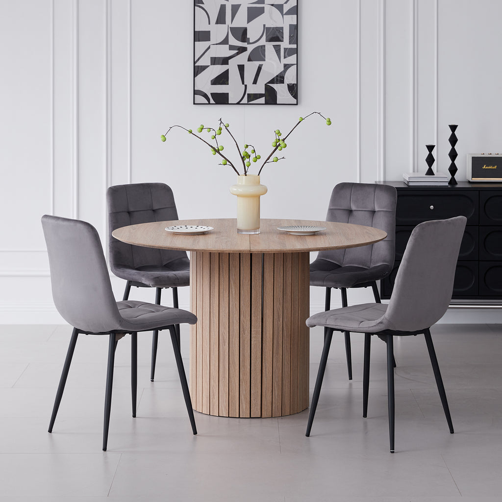 5 Piece Round Dining Table Set - Mid-Century 47 inch Oak Dining Table with 4 Gray Velvet Chairs Set, Dinner Table & Chair with Metal Legs for Kitchen Dining Room, Apartment, Bedroom