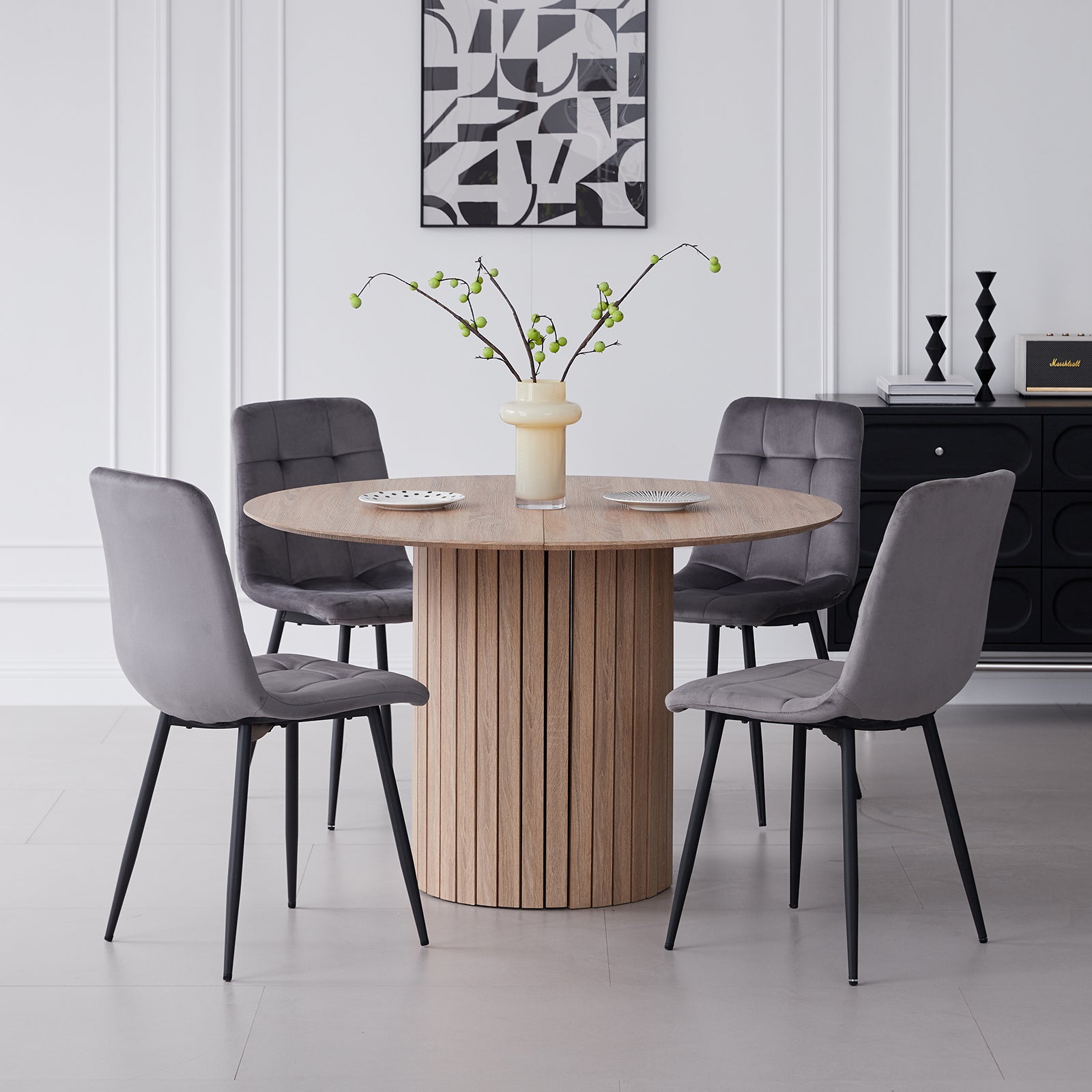 5 Piece Round Dining Table Set - Mid-Century 47 inch Oak Dining Table with 4 Gray Velvet Chairs Set, Dinner Table & Chair with Metal Legs for Kitchen Dining Room, Apartment, Bedroom