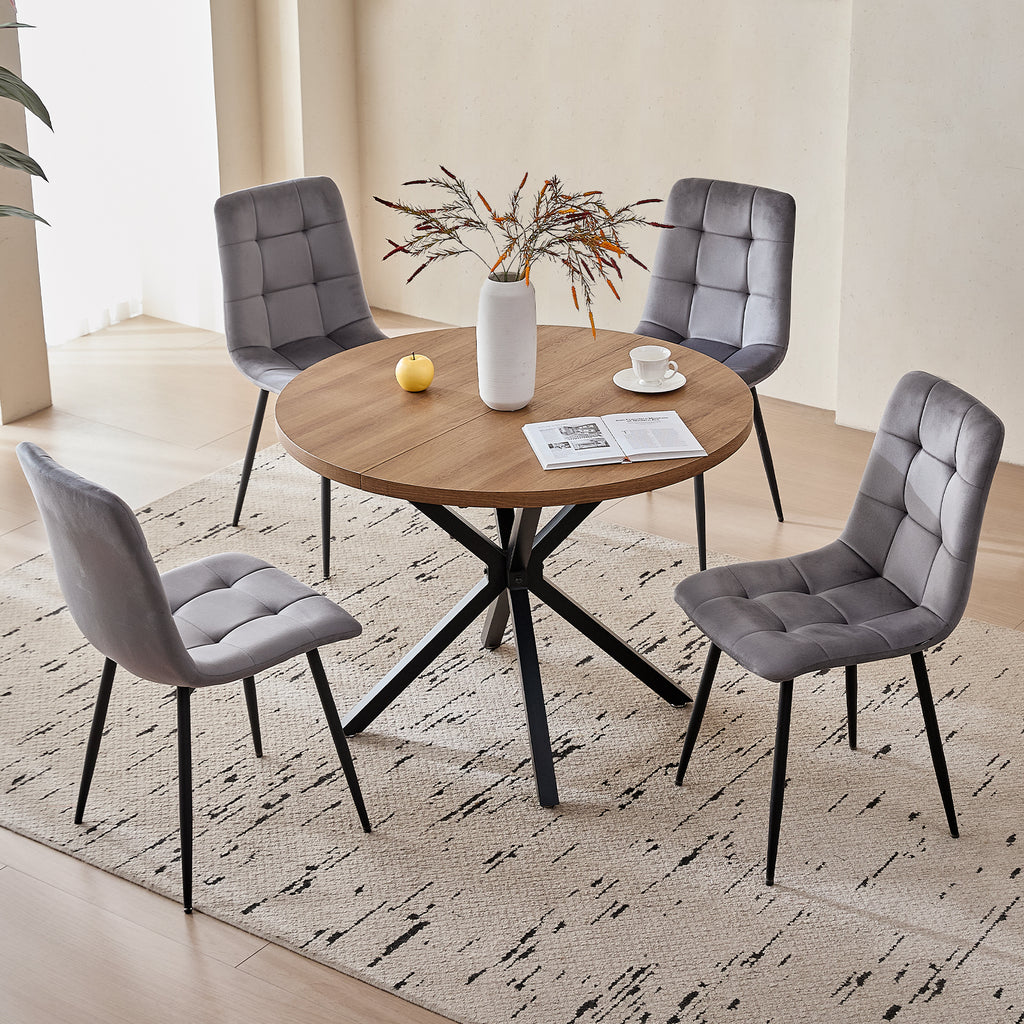 5 Pieces Round Dining Table Set - Mid-Century Brown Dining Table with 4 Gray Velvet Chairs Set, Coffee Table & Chairs with Black Metal Legs for Kitchen Dining Room, Apartment